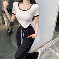 夏季别致设计感小众不规则短袖T恤女纯欲辣妹性感紧身U领短款上衣