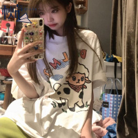 秋壳纯棉100%复古美式印花T恤小羊字母可爱ins风2022夏季新款