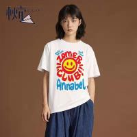 秋壳纯棉100%复古美式印花T恤微笑图案字母2022夏季新款短袖女生