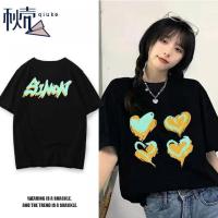 秋壳纯棉100%复古美式印花T恤爱心夏季2022新款百搭宽松ins风