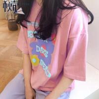 秋壳纯棉100%复古美式印花T恤花朵涂鸦字母ins风2022夏季新款女生