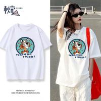 秋壳纯棉100%复古美式印花唇印虎宽松bf慵懒风短袖T恤女夏季ins