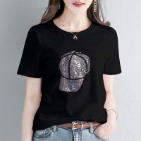 水钻短袖t恤女 镶钻2021女装夏装新款休闲百搭上衣女全棉黑色宽松