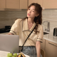 杏色复古泡泡袖衬衫翻领撞色宽松上衣学生休闲衬衣