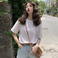 韩国基础百搭细条纹复古简约套头短袖Tee上衣