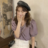 韩版V领设计感钉珠法式温柔风泡泡袖衬衫短袖上衣