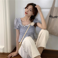 法式方领碎花蕾丝上衣甜美短款收腰泡泡袖雪纺衬衫