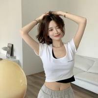 2022新款韩版短款短袖假两件圆领气质打底衫内搭上衣女