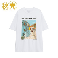 秋壳纯棉款美式复古潮流风景印花短袖T恤女2022夏季宽松韩版上衣