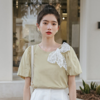 2022夏装 设计感超仙蕾丝飘带多穿灯笼袖短袖T恤上衣