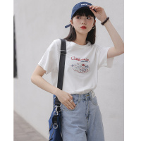 2022港味夏新款chic纯棉の撞色素描印花女夏新纯色T恤女半袖