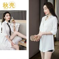 秋壳女士衬衫2022年夏季时尚中长小衫短袖衬衣气质性感男友风上衣