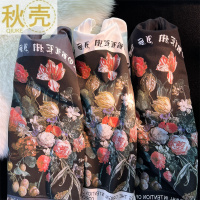 秋壳美式ins复古风玫瑰花字母印花短袖T恤女2022创意百搭圆领上衣