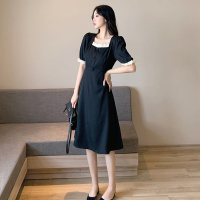 韩版女装复古花边撞色方领小黑裙法式赫本风连衣裙