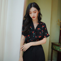 设计感小众复古印花衬衫女双排扣宽松显瘦上衣女2022夏季新款