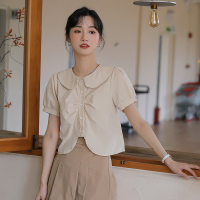 2022夏天新款法式娃娃领甜美简约洋气chic修身净色衬衫