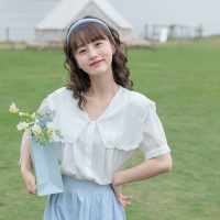 2022夏装新款 法式复古设计感小众刺绣边大翻领短袖衬衫