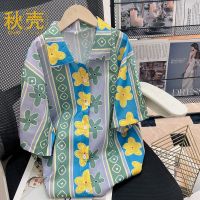 秋壳复古印花衬衫女设计感小众短袖夏季韩版chic港味外套上衣潮