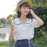 2022夏季新款设计感撞色法式木耳边娃娃领系带泡泡袖衬衫