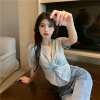 夏季新款百搭V领交叉扭结褶皱短款短袖上衣