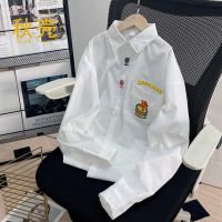 秋壳polo领蓝色衬衫女2022年新款宽松叠穿潮ins学生刺绣上衣