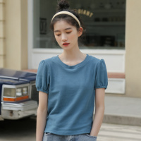 2022夏季新款韩版简约百搭纯色短款T恤泡泡袖上衣女