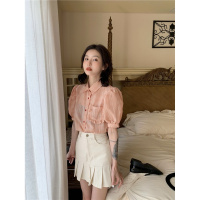 泡泡袖格子衬衫显瘦百褶短裙