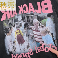 秋壳美式街头复古做旧款印花短袖T恤女2022夏季休闲创意圆领上衣