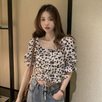 夏季韩版高腰设计感碎花衬衫泡泡袖短款抽绳上衣
