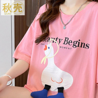 秋壳美式复古克莱因蓝潮流卡通鸭短袖T恤女2022夏季韩版圆领上衣