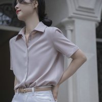 短袖衬衫女宽松时尚通勤百搭暗襟缎面衬衣