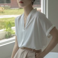 v领飞飞袖衬衣女通勤套头短袖纯色衬衫