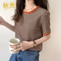 秋壳短袖女2022新款潮t恤上衣服打底衫女ins学生宽松半袖条纹体恤