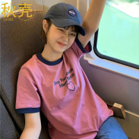 秋壳100%纯棉正肩t恤2022夏季新款圆领拼色宽松百搭字母印花上衣