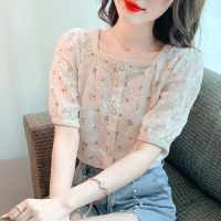 2022夏季新款法式复古碎花衬衫女宽松泡泡袖方领洋气小衫上衣