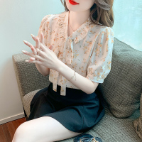 夏季新款时尚洋气雪纺小碎花蝴蝶结花边立领短袖衬衣