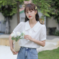 2022夏季新款韩系清新甜美花边拼接POLO领短袖衬衣学生上衣女