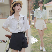 2022夏新款短袖配丝巾v领上衣女休闲学院百搭设计感小众衬衫套装