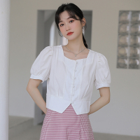 2022夏季新款设计感不规则方领短款休闲简约甜美上衣