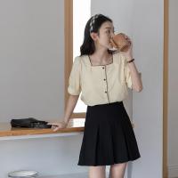 2022夏季新款方领显瘦设计感撞色边杏色衬衫上衣女