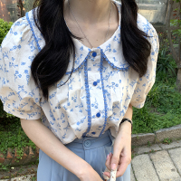 2022夏季新款韩版小花娃娃领花边衬衫上衣女