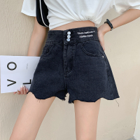 #夏季新款浅蓝色牛仔短裤女胖MM高腰显瘦刺绣毛边a字热裤