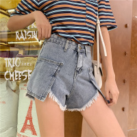 #时尚大口袋牛仔短裤女高腰胖MM宽松显瘦阔腿热裤潮