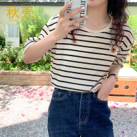 秋壳华夫格条纹t恤女短袖2022新款夏季卡通小熊宽松体恤纯棉上衣