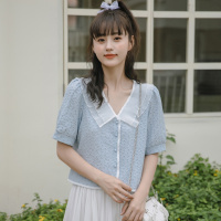 法式复古v领泡泡袖上衣女夏季新款别致镂空设计感小众上衣