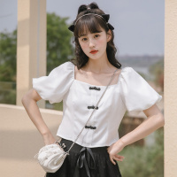 法式复古方领盘扣中国结小众设计感短袖衬衫小个子百搭上衣