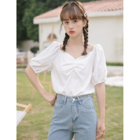 甜美方领衬衫女2022夏季新款设计感泡泡袖褶皱上衣