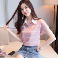 雪纺衫衬衫女夏装新款撞色领短袖打底衫小衫韩版大格上衣