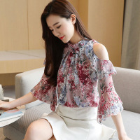 洋气雪纺衫衬衫女夏装新款短袖打底衫小衫韩版碎花露肩上衣