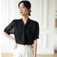 2022夏新款韩版短袖泡泡袖衬衫女复古蝴蝶结系带波点上衣